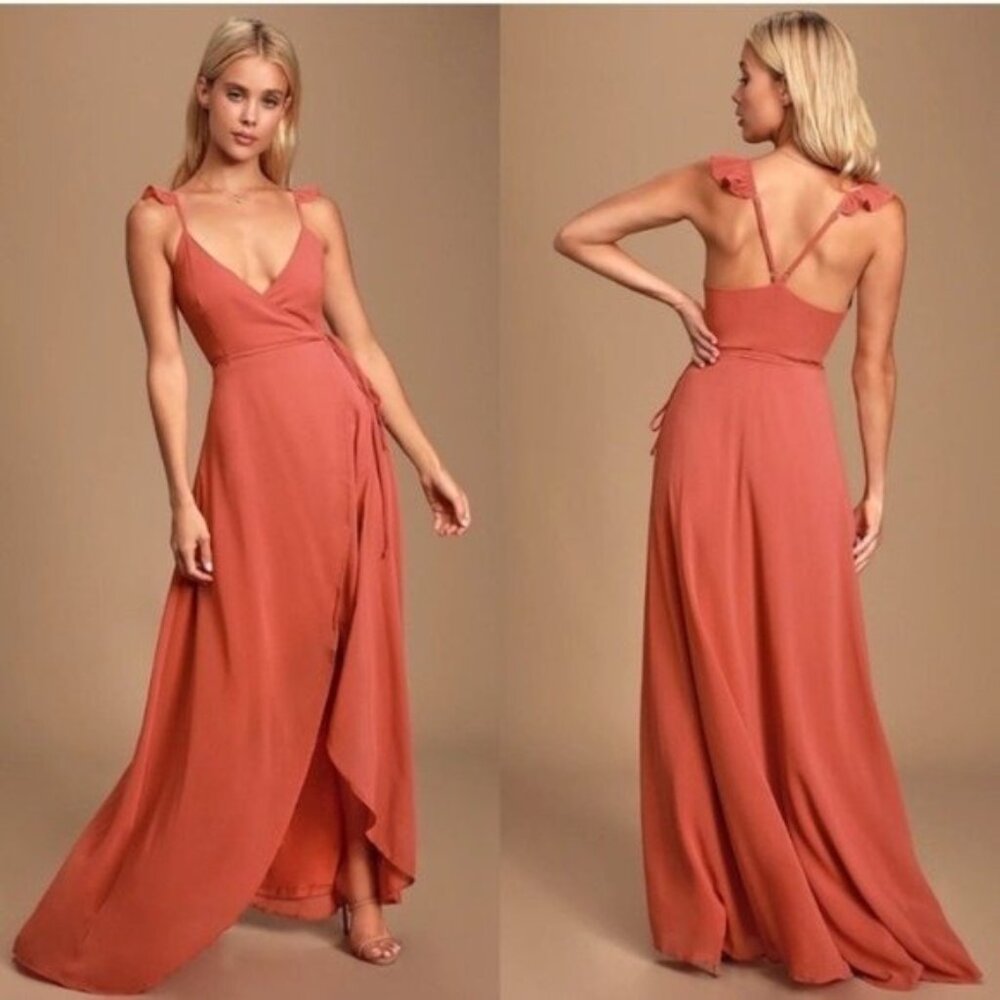NWT Lulus Here to Us High Low Maxi Wrap Dress Pink Orange Coral